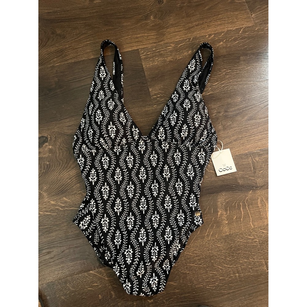 CeCe Womens Black White Botanical Print V-Neck One Piece Swimsuit 14 26CC014